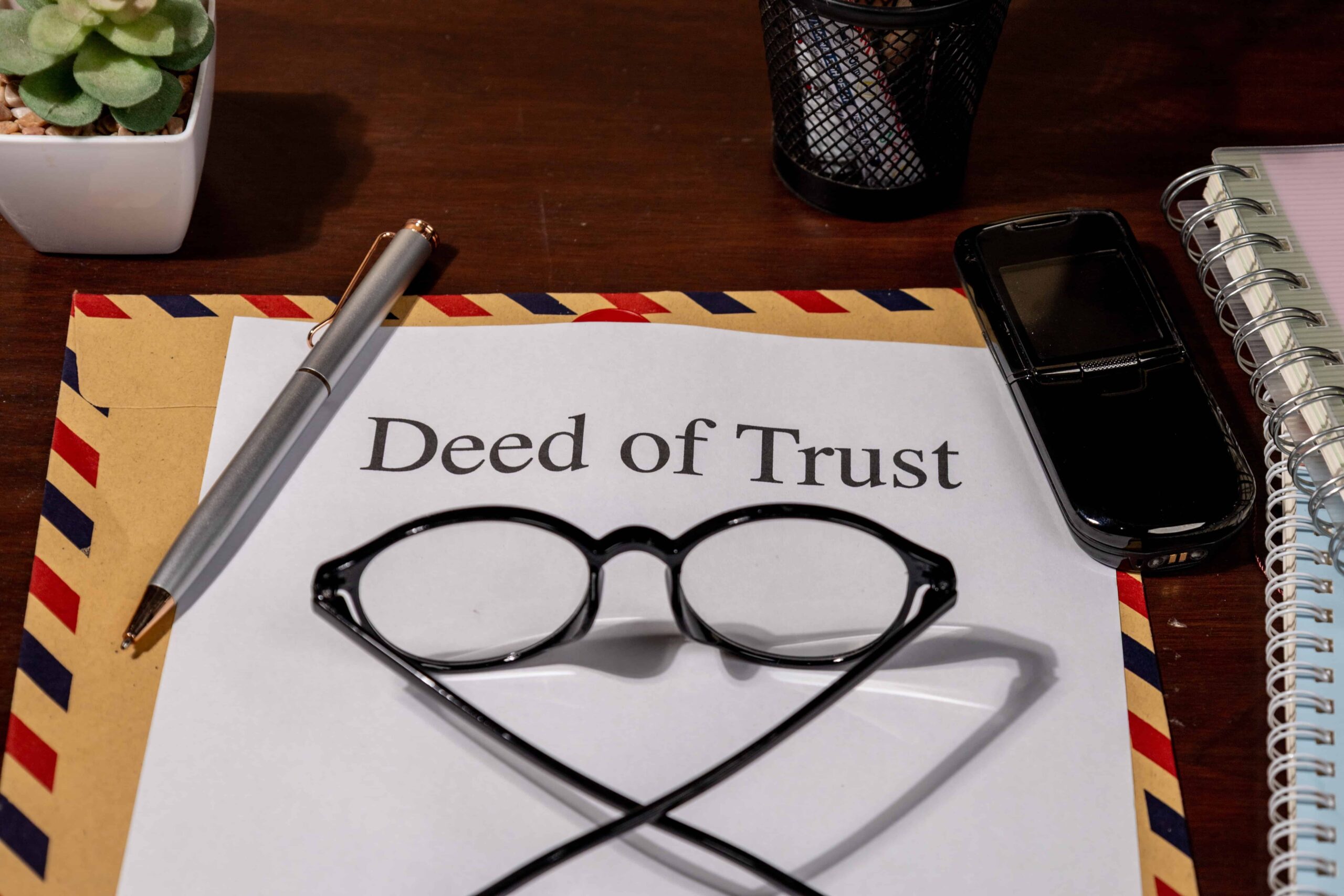 Deed of Trust document on desk with glasses, pen, and envelope.